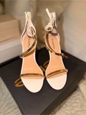 bebe Cream Open-Toe Heels with Gold Accent Straps
